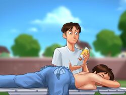 1boy 1girls 2d ass aunt big_breasts blush blush bottomwear breast_press breast_squeeze breasts chair clothed clothing darkcookie diane_(summertime_saga) digital_drawing_(artwork) digital_media_(artwork) ear_piercing earrings female female_focus garden laying_down laying_on_stomach leaning leaning_back light-skinned_female light_skin looking_at_partner looking_down lotion lotion_bottle main_character_(summertime_saga) male male/female no_bra on_stomach outdoors outside overalls overalls_down shirt standing summertime_saga sun_cream suncream topless undressing