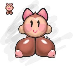 animal big_areola big_breasts big_nipples breasts breasts_out cute earthbound earthbound_(series) fat_breasts furry looking_at_viewer looking_up milkers monke monkey mother_(series) mother_3 owo_sault_(artist) samba_(mother_3) simple_background what