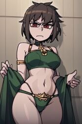 1girls 2d ai_generated annoyed arabian_clothes bikini breasts brown_hair chara color curvy gardener_ai harem_outfit helltaker_(style) medium_breasts midriff navel red_eyes revealing_clothes short_hair skimpy slave_bikini stable_diffusion thick_thighs thong undertale undertale_(series) wide_hips