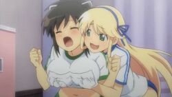 2girls :3 animated asuka_(senran_kagura) blush breast_grab breast_grope breast_squeeze breasts canonical_scene clothes_lift fondling fondling_breast grabbing_breasts grabbing_from_behind grope groping hair_ribbon hand_under_clothes hand_under_shirt katsuragi_(senran_kagura) midriff ponytail screencap senran_kagura senran_kagura_(series) yuri