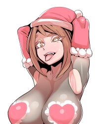 1girls aaa14 armpit_fetish armpitless_shirt armpits arms_behind_head armwear breasts brown_eyes brown_hair christmas christmas_outfit cleavage collarbone fangs female female_only fur-trimmed_gloves fur_trim hat heart-shaped_pasties highres holidays huge_breasts human long_hair looking_at_viewer my_hero_academia ochako_uraraka open_mouth open_smile pasties posing red_armwear santa_hat see-through see-through_clothing see-through_top simple_background smile solo tongue tongue_out upper_body white_background