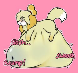 animal_crossing belly blush canid canine canis domestic_dog female feral inflation inflation_fetish isabelle_(animal_crossing) jiggling liquid_inflation mammal navel nintendo onomatopoeia solo sound_effects text water_inflation weight_gain