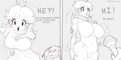 1boy 1girls 2koma before_and_after bowser brainwashing clothing crown dialogue doll_joints doll_tf dollification dress earrings female female_focus femsub greyscale hand_on_hip hi_i'm_daisy huge_breasts hypnosis instant_loss_2koma large_breasts magic maledom marchen_illust mario_(series) mind_control monochrome nintendo princess princess_daisy pullstring simple_background standing_at_attention super_mario_bros. transformation wand white_background