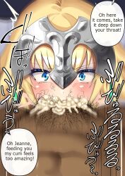 1boy 1girls blonde_hair blue_eyes blush braid braided_hair braided_ponytail breasts cleavage cum cum_in_mouth cum_overflow cumdump dark-skinned_male deepthroat earrings fate/apocrypha fate/grand_order fate_(series) fellatio femsub huge_cock jeanne_d'arc_(fate) jeanne_d'arc_(fate)_(all) jewelry large_breasts long_hair looking_at_viewer maledom ninopal oral ponytail pubic_hair stray_pubic_hair text translated