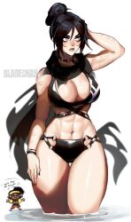 1boy 1girls apex_legends belly_button belly_button_piercing big_breasts bikini black_hair bladechan28 dark-skinned_male dark_skin female female_focus goth light-skinned_female light_skin mirage_(apex_legends) mommy serious swimsuit water wraith_(apex_legends)