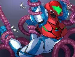 1girls bound_arms bound_legs captured captured_heroine defeat defeated defeated_heroine female hung_up metroid metroid_dread power_armor power_suit restrained restrained_by_tentacles samus_aran shiva_(tairakuten) tentacle tentacle_monster tentacle_suspension tentacles x_parasite