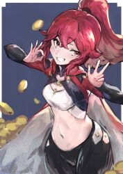 1girls anna_(fire_emblem) anna_(fire_emblem_engage) black_pants blue_background breasts cape coin cola_bcde commentary_request cowboy_shot crop_top female female_only fire_emblem fire_emblem_engage grin hair_between_eyes leggings long_hair long_sleeves looking_at_viewer medium_breasts midriff money navel nintendo ok_sign pants ponytail red_hair smile solo standing stomach w