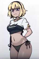 1girls ai_generated bikini_bottom black_bikini blonde_hair crop_top female female_only gardener_ai hairband helltaker_(style) homestuck midriff navel no_pants purple_hair rose_lalonde short_hair side-tie_bikini stable_diffusion t-shirt thick_thighs wide_hips