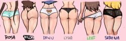 ass ass_cleavage ass_focus blonde_hair blue_hair brown_hair butt_crack dat_ass dawn_(pokemon) hilda_(pokemon) leaf_(pokemon) long_hair lyra_(pokemon) panties pokemon pokemon_bw pokemon_bw2 pokemon_dppt pokemon_frlg pokemon_hgss pokemon_rgby pokemon_xy pulling_panties rosa_(pokemon) scas serena_(pokemon) serena_(pokemon_games) thighs