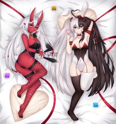 1girl 2girls akumi animal_ears armpits ass ball_gag bare_shoulders bed bed_sheet black_hair black_legwear black_leotard blush bow bowtie breasts bunny_ears bunny_girl bunnysuit card choker cleavage condom condom_in_mouth condom_packet_strip condom_wrapper dakimakura detached_collar drinking_glass female_only fishnet_legwear fishnets full_body hair_between_eyes heart highleg_leotard horns large_breasts leotard long_hair looking_at_viewer lying mixed_hair_color momotexx_(vtuber) on_back on_side oni oni_horns pillow playing_card red_bow red_eyes scars sex_toy silver_hair smile strapless strapless_leotard tail thighhighs very_long_hair vibrator virtual_youtuber vyugen white_hair yellow_eyes