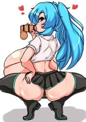 blonde_hair blowjob blue_eyes breasts_bigger_than_head censored hand_on_hip hatsune_miku heart hi_res highres huge_ass huge_breasts looking_at_viewer looking_back moyashi_udon seductive skimpy skimpy_clothes squatting thick_thighs twintails vocaloid