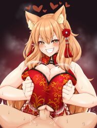 1boy 1girls animal_ears blush breasts cat_ears catgirl cheongsam china_dress chinese_clothes cleavage clenched_teeth den_(den_zuri555) eyebrows_visible_through_hair fate/extra_ccc fate/grand_order fate_(series) huge_breasts light-skinned_female light-skinned_male light_skin male_pov paizuri penis pov pov_paizuri pressing_breasts_together smile suzuka_gozen_(fate) yellow_eyes