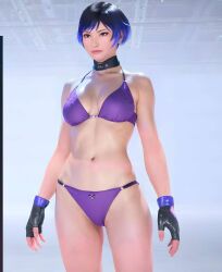 1girls abs ai_generated athletic_female big_breasts bikini black_and_purple_hair female female_abs female_only fingerless_gloves fit_female namco purple_eyesr reina_mishima screencap tekken tekken_8