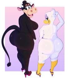 absurd_res anatid anseriform anthro anthro_only ass avian bedroom_eyes big_breasts big_butt bird boolishclara bovid bovine breasts cattle clarabelle_cow clothing daisy_duck disney duck duo female footwear hi_res high_heels mammal narrowed_eyes pinup pose seductive thick_thighs