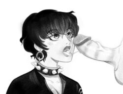 1girls black_and_white black_hair black_shirt cleavage cum cum_in_mouth doll_(one_piece) earrings fellatio female female_focus male one_piece partial_male penis phrix-phrox pixie_cut sketch spiked_collar