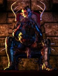 3d_(artwork) armor daz_studio exposed_penis flaccid_penis foreskin half-orc hopefulsquire king low-angle_view male male_focus male_only pantless pointy_ears purple_skin rim_light sitting sitting_on_chair source_removed throne