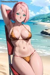 1girls ai_generated animal_print animal_print_bikini arm_behind_head arms_behind_head arms_up artist_name beach bikini bob_cut boruto:_naruto_next_generations breasts chair choker cleavage collar curvaceous curvy curvy_body curvy_female curvy_figure facing_viewer female female_focus front_view green_eyes legs_together light-skinned_female light_skin long_hair nai_diffusion naruto naruto_(series) ocean one_arm_up patreon_username petite pink_hair revealing_swimsuit sakura_haruno sand seaside sitting skimpy skimpy_bikini stable_diffusion swimsuit temptart thighs tiger_print tiger_print_bikini url water watermark web_address wide_hips