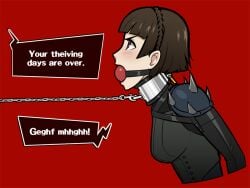 2020 atlus bondage bound collar dominant_female domination female female_focus female_only gag gagged leash leash_and_collar leash_pull leashed_collar light-skinned_female light_skin makoto_niijima persona persona_5 red_background spelling_error submissive submissive_female wossarem