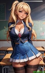 1girls ai_generated big_breasts blonde_female blonde_hair blonde_hair_female breasts classroom cleavage female female_focus female_only gyaru hi_res kogal looking_at_viewer miniskirt original school school_uniform schoolgirl self_upload smile smiling smporate_ai solo_female solo_focus stable_diffusion tan tan-skinned_female tanned_skin thick thick_thighs thighs