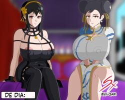 2girls alternate_breast_size assassin busty capcom chun-li clothes copyright day fat_thighs female female_human female_only happy hotel human mature_female milf multiple_girls nipples spy_x_family street_fighter street_fighter_6 sx-qari thorn_princess yor_briar yor_forger