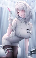 1girls breasts ceiling_light curtains gloves holding_syringe holster holster_strap hospital id_card infirmary large_breasts lenne_(oyuwari) looking_at_viewer name_tag needle nurse nurse_cap nurse_uniform original oyuwari pantyhose red_eyes short_hair syringe thigh_holster white_hair