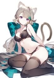 ai_generated animal_ears bra breasts brown_hair cat_ears cat_tail catgirl female female_only genshin_impact lingerie lynette_(genshin_impact) panties purple_eyes ribbon setsuaiart small_breasts smooth_skin stable_diffusion thighhighs underwear