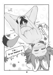 1boy absurdres animal_ear_fluff animal_ears bed_sheet blush breasts captain_(kemono_friends) completely_nude cunnilingus dhole_(kemono_friends) dog_ears dog_girl dog_tail english_text extra_ears female grabbing_another's_hair head_back highres kemono_friends leg_grab leg_lock medium_breasts multicolored_hair navel nipples nose_blush nude on_bed oral short_hair spread_legs sweetsogga tail tail_wagging tearing_up torogao white_hair