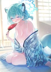 arm_support bare_shoulders blue_archive blush hghgure kimono kneeling large_breasts looking_at_viewer loose_clothes naughty_face naughty_smile no_bra off_shoulder red_winter_federal_academy_student shigure_(blue_archive) shigure_(hot_spring)_(blue_archive) spec_ops_no._227_(blue_archive) sweaty