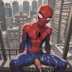 1boy ai_generated clothed clothing cum gay male male_focus marvel marvel_comics penis peter_parker seatyn_nsfw spider-man spider-man_(series) torn_bodysuit torn_clothes torn_clothing yaoi