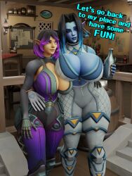 2girls 3d alcohol alcoholic_drink alternate_version_available arm_around_waist bar bare_shoulders big_breasts black_hair blender blender_(software) blue_body blue_skin bodysuit breasts busty cleavage cleavage_overflow curvaceous curvy curvy_female curvy_figure decodec detailed_background dialogue elf elf_ears elf_female elf_girl embrace embracing english_text female female/female female_focus female_only front_view hand_on_waist hi-rez_studios hi_res high_resolution highres holding_alcohol holding_bottle holding_object hug huge_breasts hugging iced_out_saati indoors jewelry large_breasts light-skinned_female light_skin long_ears medium_hair multicolored_hair orange_eyes paladins paladins_champions_of_the_realm pointy_ears purple_eyes purple_hair saati_(paladins) sidelocks skye_(paladins) smile smiling smiling_at_another smiling_at_partner tagme text thick_thighs thighs two_tone_hair viewed_from_front voluptuous voluptuous_female wide_hips yellow_eyes yuri yuri