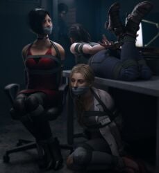 3d 3d_(artwork) 3girls 3girls1boy ada_wong ada_wong_(adriana) annette_birkin arms_behind_back bondage bondage bondage bound bound_arms bound_legs chair_bondage choker claire_redfield claire_redfield_(jordan_mcewen) female female_focus gag gagged heel_boots heels human humanoid leon_scott_kennedy light-skinned_female light_skin male_dominating_female male_domination resident_evil resident_evil_2 skvrwiel submissive submissive_female thighs