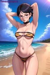 1girls ai_generated animal_print animal_print_bikini armpits arms_behind_head arms_up artist_name bare_midriff bare_shoulders bare_thighs beach bikini bikini_bottom bikini_top boruto:_naruto_next_generations boruto:_two_blue_vortex cleavage earrings eyewear female female_focus glasses jewelry nai_diffusion naruto naruto_(series) ocean patreon_username revealing_swimsuit sand sarada_uchiha seaside short_hair skimpy skimpy_clothes stable_diffusion strapless strapless_bikini sunlight sweat sweatdrop temptart thighs tiger_print tiger_print_bikini uchiha_symbol url water watermark web_address