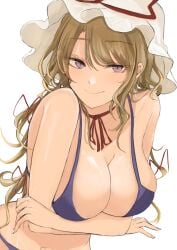 1girls arms_under_breasts bare_arms bare_shoulders bikini blonde_hair breasts choker cleavage closed_mouth female hat hat_ribbon highres large_breasts light_smile long_hair looking_at_viewer mature_female milf mob_cap nail_polish necro_(nekurodayo) purple_bikini purple_eyes red_ribbon ribbon ribbon_choker simple_background solo swimsuit touhou white_background white_headwear white_nails yakumo_yukari yukari_yakumo