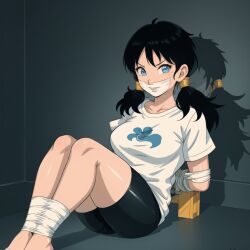 ai_generated arms_tied_behind_back black_hair blue_eyes bondage bound_ankles dragon_ball_z gag gagged looking_at_viewer ryuzakibd sitting tape_bondage tape_gag videl