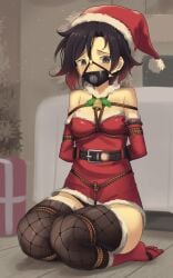 1girls bondage christmas dankestofdans face_harness female female_only gag gagged gagged_female panel_gag plug_gag rope rope_between_breasts rope_bondage rope_harness ruby_rose rwby solo