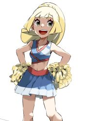 1girls blonde_hair blue_crop_top blue_skirt breasts case-k cheerleader cheerleader_uniform crop_top female green_eyes hand_on_hip light-skinned_female light_skin lillie_(pokemon) midriff navel nintendo pokemon pokemon_sm pom_poms ponytail skirt small_breasts solo sweat