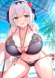 1girls absurdres alicia_renato_(yashiro_sousaku) beach beach_umbrella bikini bikini_pull black_bikini blue_sky blush breasts brown_eyes cleavage clothes_pull collarbone commentary_request commission day flower fujinomiya_rio grey_hair hair_flower hair_ornament hair_rollers heterochromia hibiscus highres huge_breasts innertube kneeling large_breasts lens_flare looking_at_viewer navel ocean open_mouth original outdoors palm_tree red_eyes red_flower sidelocks sky smile solo swim_ring swimsuit teeth tree umbrella upper_teeth_only