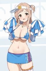 asymmetrical_legwear cheering cheerleader cheerleader_outfit idolmaster idolmaster_shiny_colors large_breasts midriff navel pom_poms sakuragi_mano skindentation slender_waist sweaty wanimaru