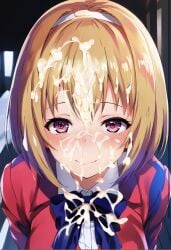 ai_generated blonde_female blonde_hair blue_bow classroom_of_the_elite cum_on_clothes cum_on_face hair_band kushida_kikyou pink_eyes school_uniform schoolgirl smiling_at_viewer solo_female solo_focus toshikix