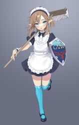 1boy apron blue_eyes bowtie breath_of_the_wild brown_hair crossdressing earrings femboy femboy_maid holding_mop holding_shield link loafers looking_at_viewer maid maid_apron maid_headdress maid_uniform medium_hair meimone mop nintendo shield the_legend_of_zelda thighhighs wrist_cuffs