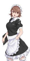 1girls apron breasts brown_eyes brown_hair earrings hand_on_hip holding_menu looking_at_viewer maid maid_apron maid_headdress maid_uniform medium_breasts menu persona persona_3 s-m-53413 short_hair thighhighs waitress waitress_uniform yukari_takeba