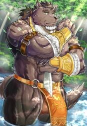 abs anthro armor balls bathing belt bottomwear brown_body brown_fur canid canine canis clothing crave_saga eyebrows fur genitals hair loincloth looking_at_viewer male mammal miazuma_shouki muscular muscular_anthro muscular_male nipples ogma_(crave_saga) partially_submerged pecs ponytail scar solo thick_eyebrows wolf