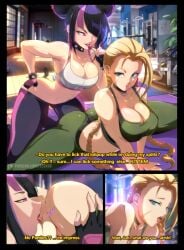 2girls abs ass bare_arms bare_shoulders big_ass big_breasts big_butt black_hair blonde_hair blue_eyes cammy_white capcom color cunnilingus english_text felox08 female female_only gym hi_res juri_han large_breasts licking licking_pussy light-skinned_female light_skin long_hair looking_at_another multiple_girls muscles muscular muscular_female pleasure_face purple_eyes pussy scar short_hair street_fighter stretching text thick_thighs tongue tongue_out undressing yuri