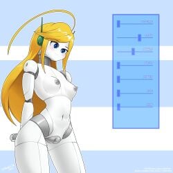 areola attribute_slider blonde_hair blue_eyes blush body_slider breasts cave_story curly_brace female genitals hair hi_res humanoid machine navel nipples nude pussy robot robot_humanoid signature slider solo standing text thick_thighs white_body wide_hips zedrin