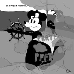 1boy 2024 anthro ass ass ass_focus big_ass big_butt black_body black_butt black_nose butt_focus chu_b_ballin dialogue disney english_text fart fart_cloud fart_fetish farting huge_ass huge_butt male male_only mammal mickey_mouse mouse murid murine rodent solo standing steamboat_willie text topless underwear