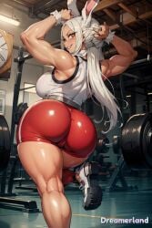 1girls ai_generated arms_behind_head back_view big_ass big_breasts boku_no_hero_academia brown_skin brown_skinned_female bubble_ass bubble_butt bunny_ears bunny_tail cameltoe curvy_female curvy_figure eyes fit_female gym gym_clothes gym_uniform huge_ass leg_raise looking_at_viewer looking_back miruko muscular my_hero_academia red_eyes rumi_usagiyama short_shorts showing_ass thick thick_ass thick_thighs voluptuous voluptuous_female white_hair