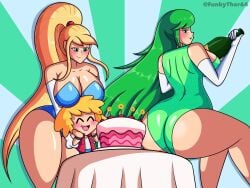1boy 2girls artist_self-insert ass birthday birthday_cake birthday_candle blonde_hair blue_leotard breasts champagne champagne_bottle chibi closed_eyes closed_mouth closed_smile female funkythor64 green_eyes green_hair green_leotard green_lipstick hourglass_figure kid_icarus large_ass large_breasts leotard long_blonde_hair long_green_hair long_hair long_ponytail male metroid nintendo open_mouth open_mouth_smile opera_gloves palutena playboy_bunny_leotard ponytail samus_aran sitting_on_table sparkling_clothing super_smash_bros.