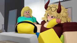 1boy 2girls 3d art_trade bimblox_(dezmine21) blonde_hair fempink_(pinkishpinkas) glasses horn horns large_penis marty_(dezmine21) paizuri paizuri_lead_by_female paizuri_under_clothes pinkishpinkas roblox robloxian tagme yellow_background yellow_penis