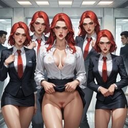 5girls ai_generated allison_eckhart earrings long_hair milf multiple_girls naked office_lady on_bed only_girl red_hair scp_foundation white_body