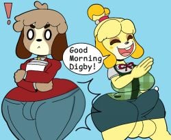 animal_crossing anthro ass balls big_balls big_breasts big_butt big_penis bodily_fluids bottom_heavy bottomless breasts buenos_dias_mandy bulge canid canine canis clothed clothing dialogue digby_(animal_crossing) domestic_dog duo english_text exclamation_point femboy fully_clothed furu_flami futanari genital_fluids genitals gynomorph intersex intersex/male isabelle_(animal_crossing) male mammal meme nintendo partially_clothed penis precum precum_through_clothing simple_background text thick_thighs wet wet_clothing